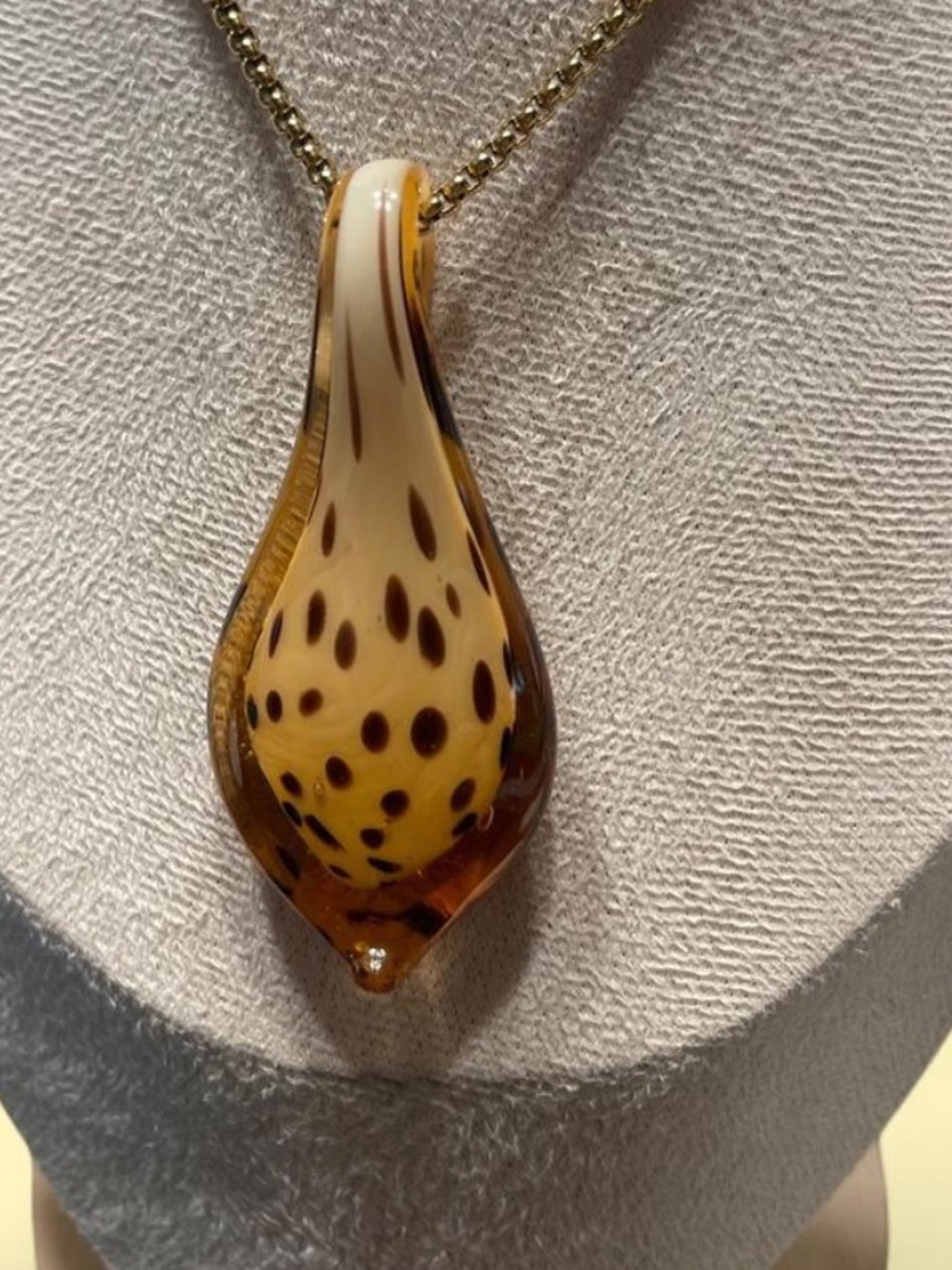 Handblown Amber Glass Teardrop Pendant Necklace - Gold Chain